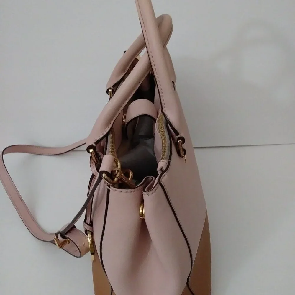 Michael Kors Satchel Bag Purse Double Handle Logo Charm Pink/Tan - Picture 3 of 16
